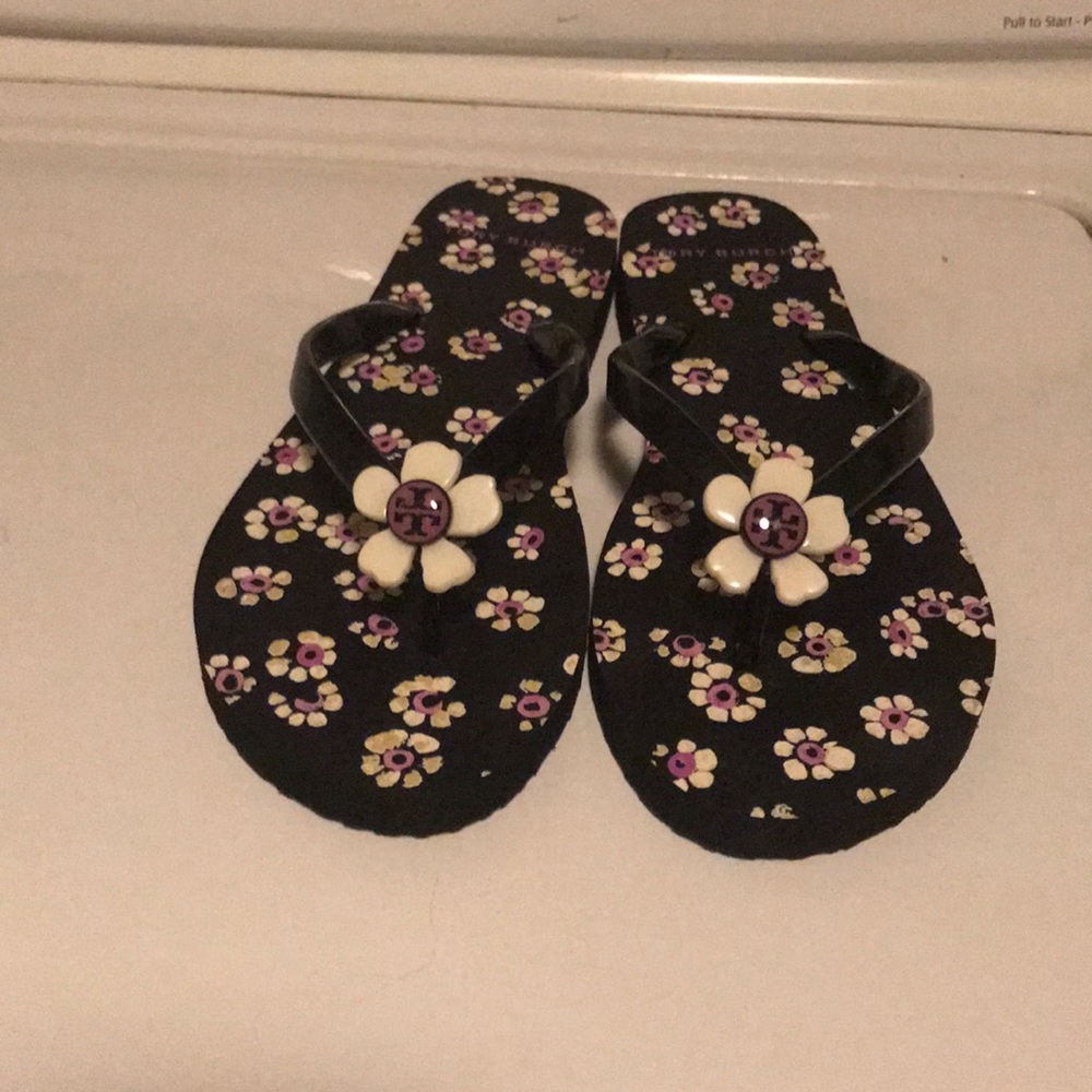 Tory Burch black flower flip flops